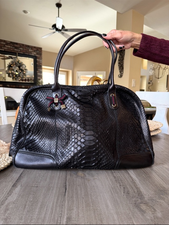 Gucci Handbags - Vintage Gucci Black Python-Embossed Leather Tote with Burgundy Accents